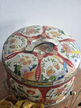 Vintage Decorative Cookie Tin  Floral Red and Multi Tin Storage Box By Gray Dunn